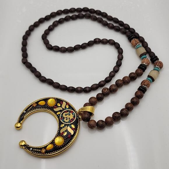 Boho Wood Bead Gold Pendant Necklace - Picture 2 of 4